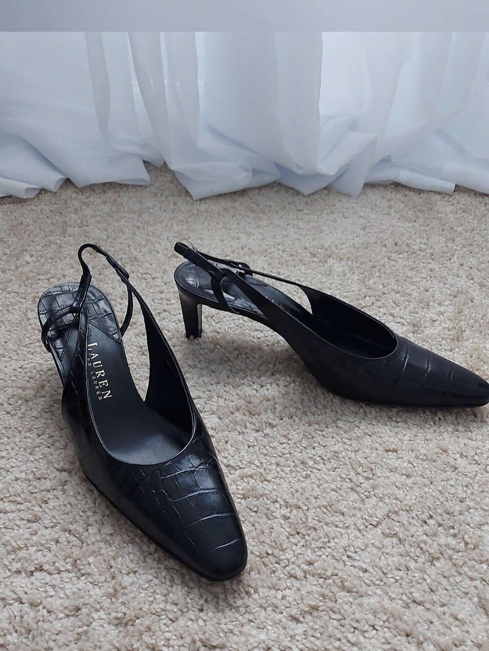 LAUREN Ralph Lauren Black Croc-Embossed Slingback Pumps Kitten Heels
